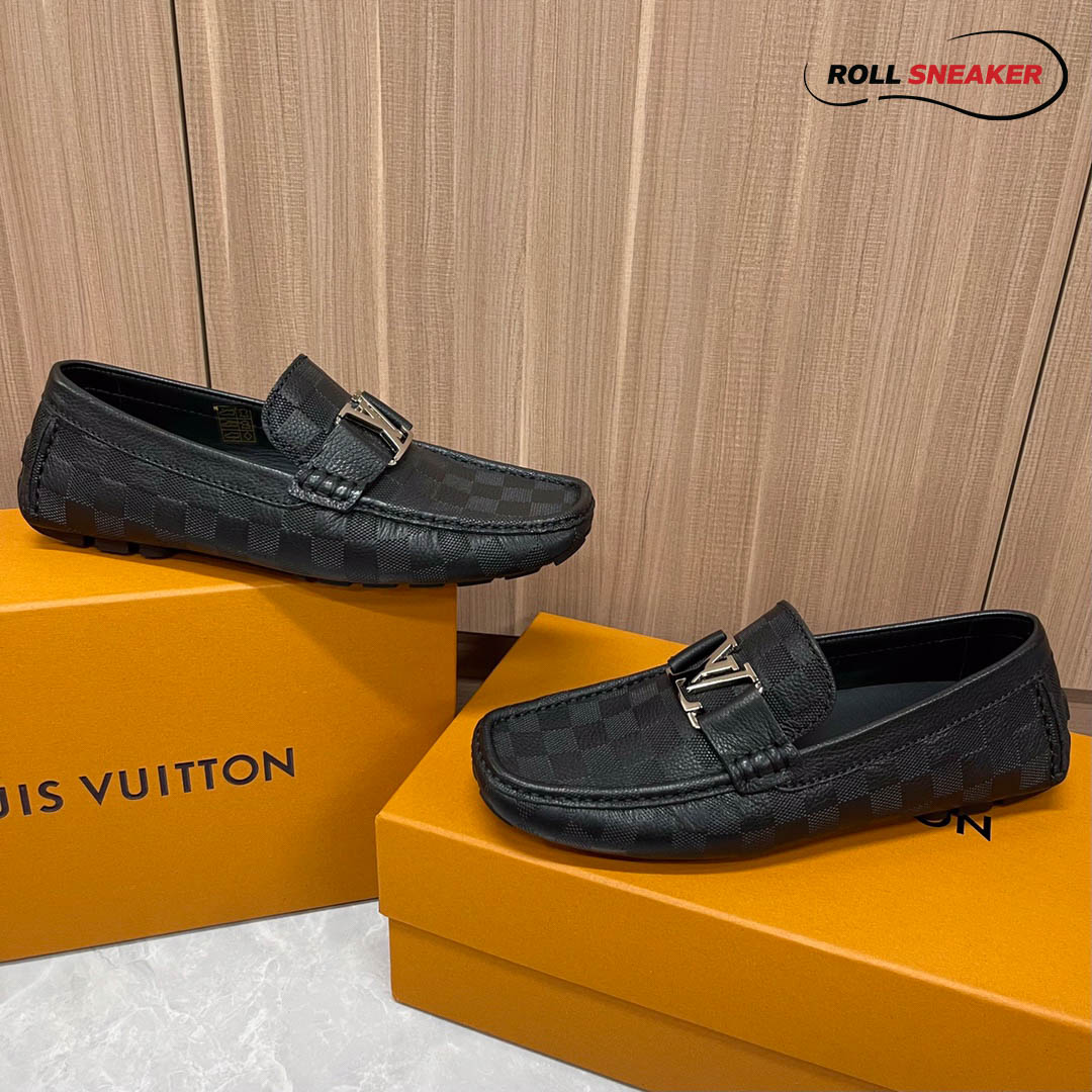 Giày Lười Louis Vuitton Monte Carlo Mocassin Black Da Bê Họa Tiết Damier Logo LV Bạc Bóng