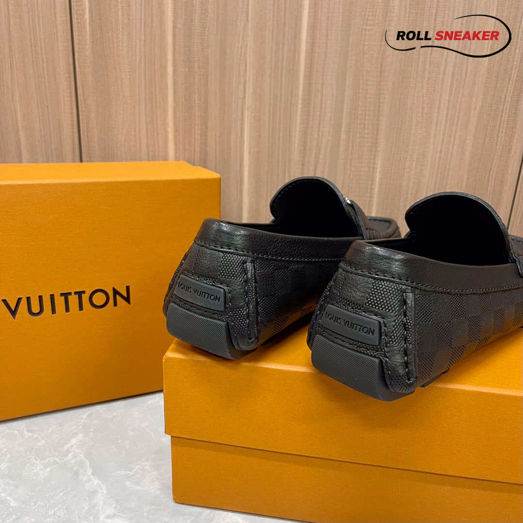 Giày Lười Louis Vuitton Monte Carlo Mocassin Black Da Bê Họa Tiết Damier Logo LV Bạc Bóng