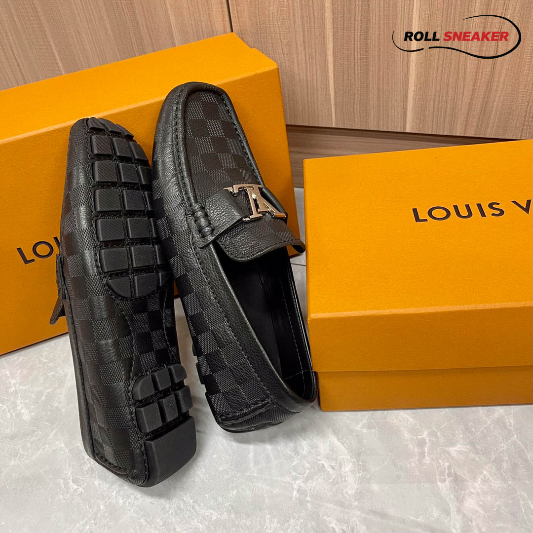 Giày Lười Louis Vuitton Monte Carlo Mocassin Black Da Bê Họa Tiết Damier Logo LV Bạc Bóng