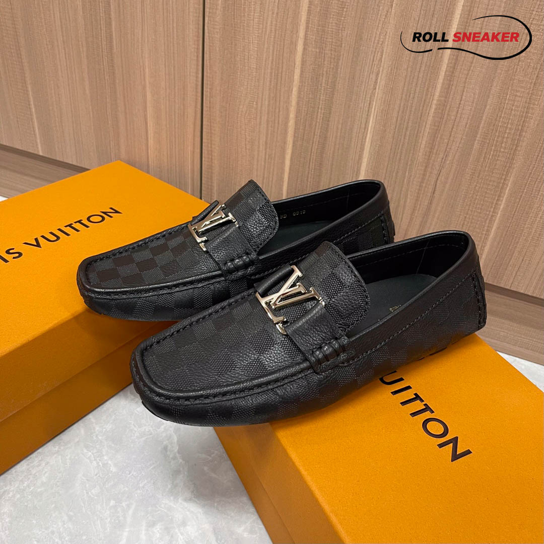 Giày Lười Louis Vuitton Monte Carlo Mocassin Black Da Bê Họa Tiết Damier Logo LV Bạc Bóng