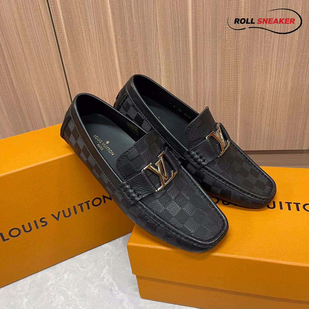 Giày Lười Louis Vuitton Monte Carlo Mocassin Black Da Bê Họa Tiết Damier Logo LV Bạc Bóng