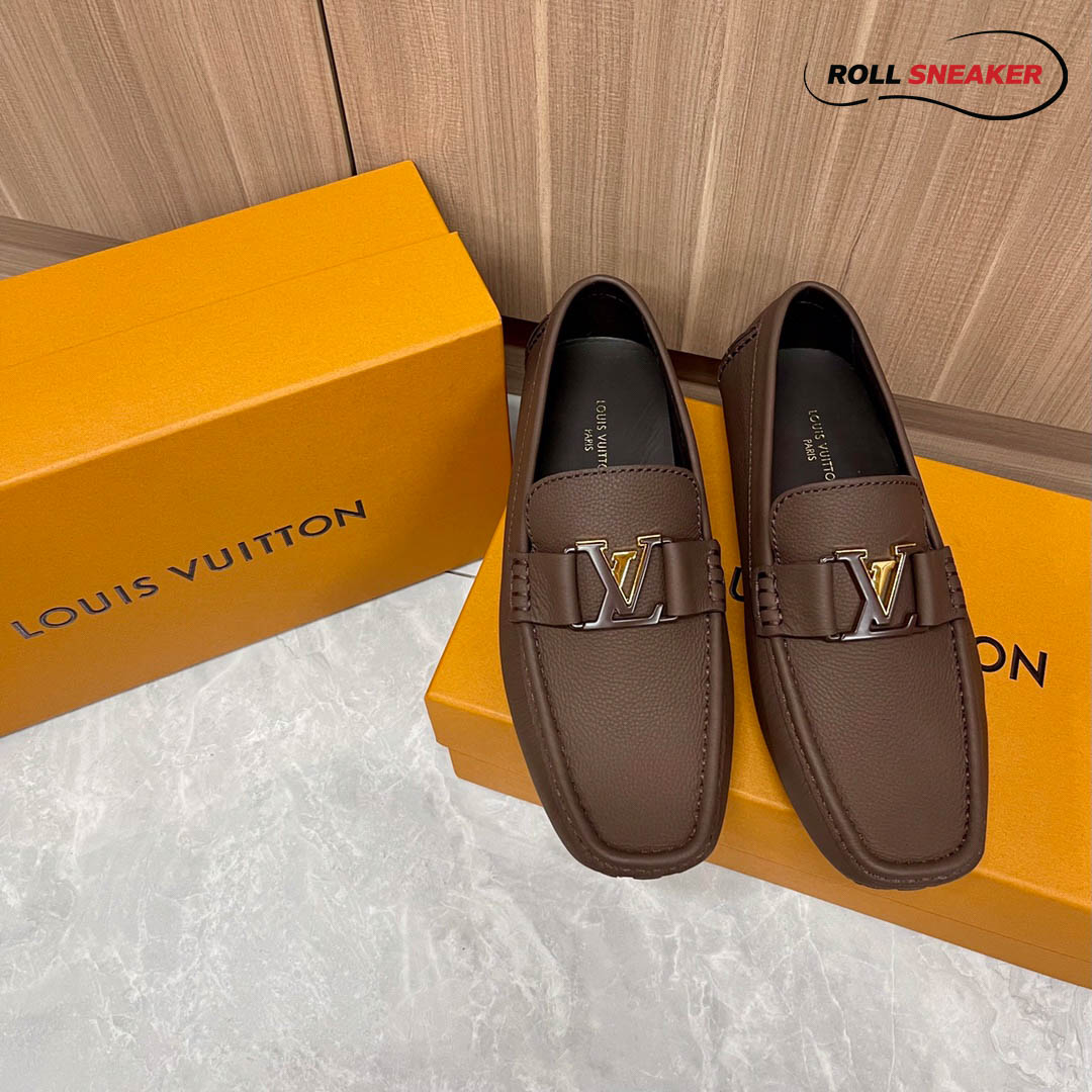 Giày Lười Louis Vuitton Monte Carlo Mocassin Brown Da Bê có Vân Khóa Logo Lv Nâu