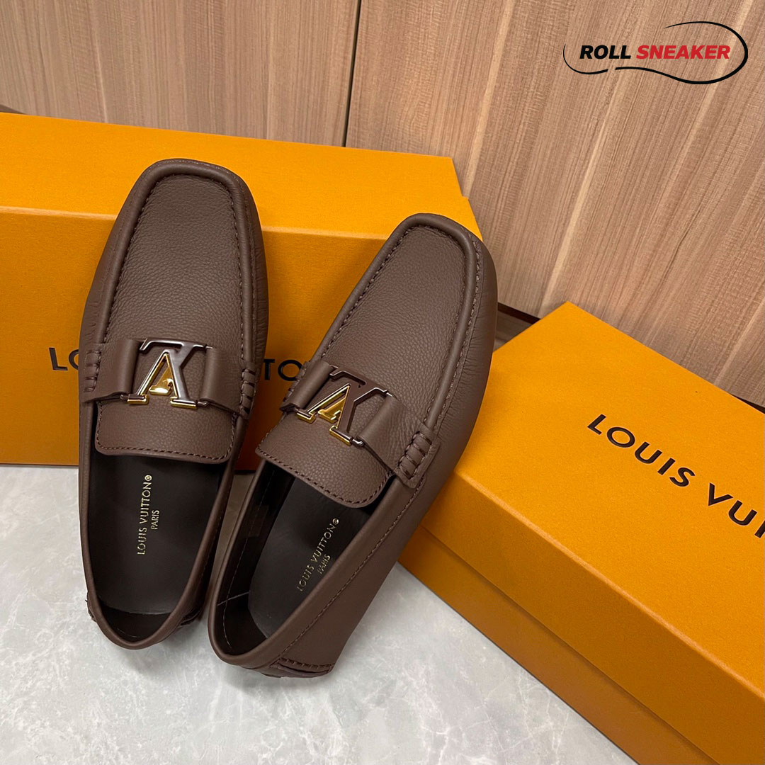 Giày Lười Louis Vuitton Monte Carlo Mocassin Brown Da Bê có Vân Khóa Logo Lv Nâu