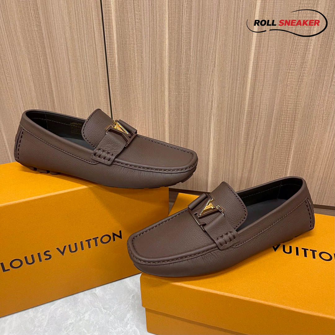 Giày Lười Louis Vuitton Monte Carlo Mocassin Brown Da Bê có Vân Khóa Logo Lv Nâu