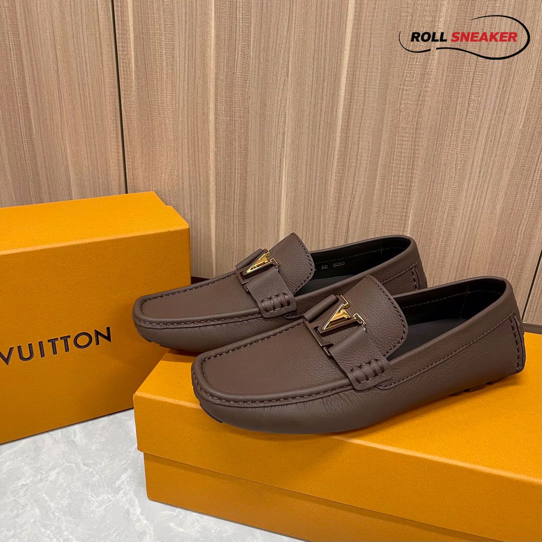 Giày Lười Louis Vuitton Monte Carlo Mocassin Brown Da Bê có Vân Khóa Logo Lv Nâu