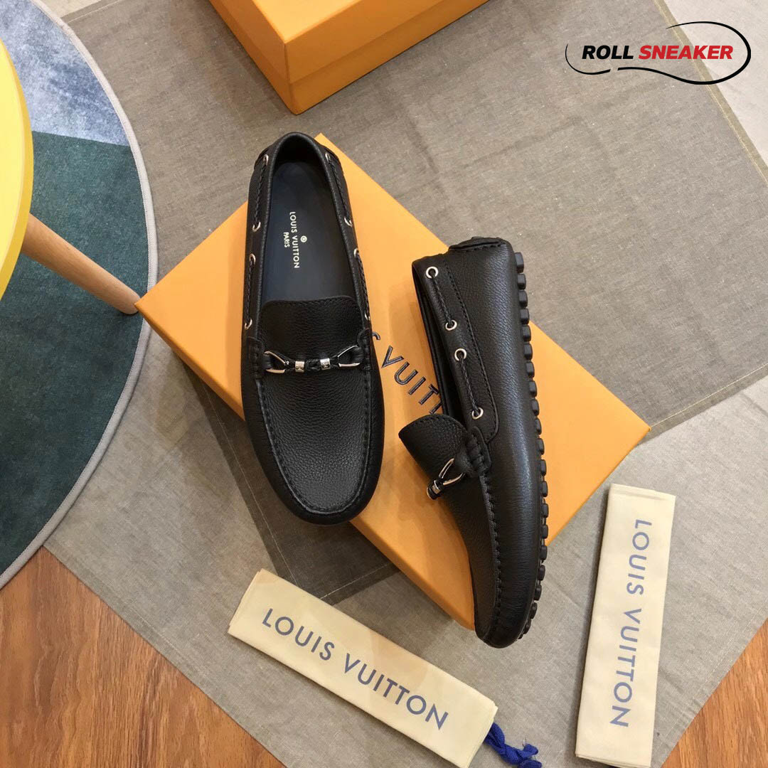 Giày lười Louis Vuitton Raspail Moccasin Black Da Bê Có Vân