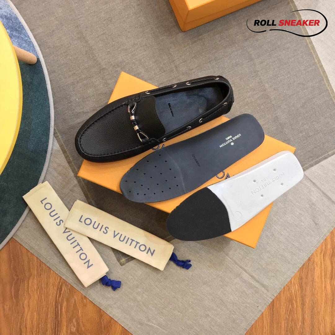 Giày lười Louis Vuitton Raspail Moccasin Black Da Bê Có Vân