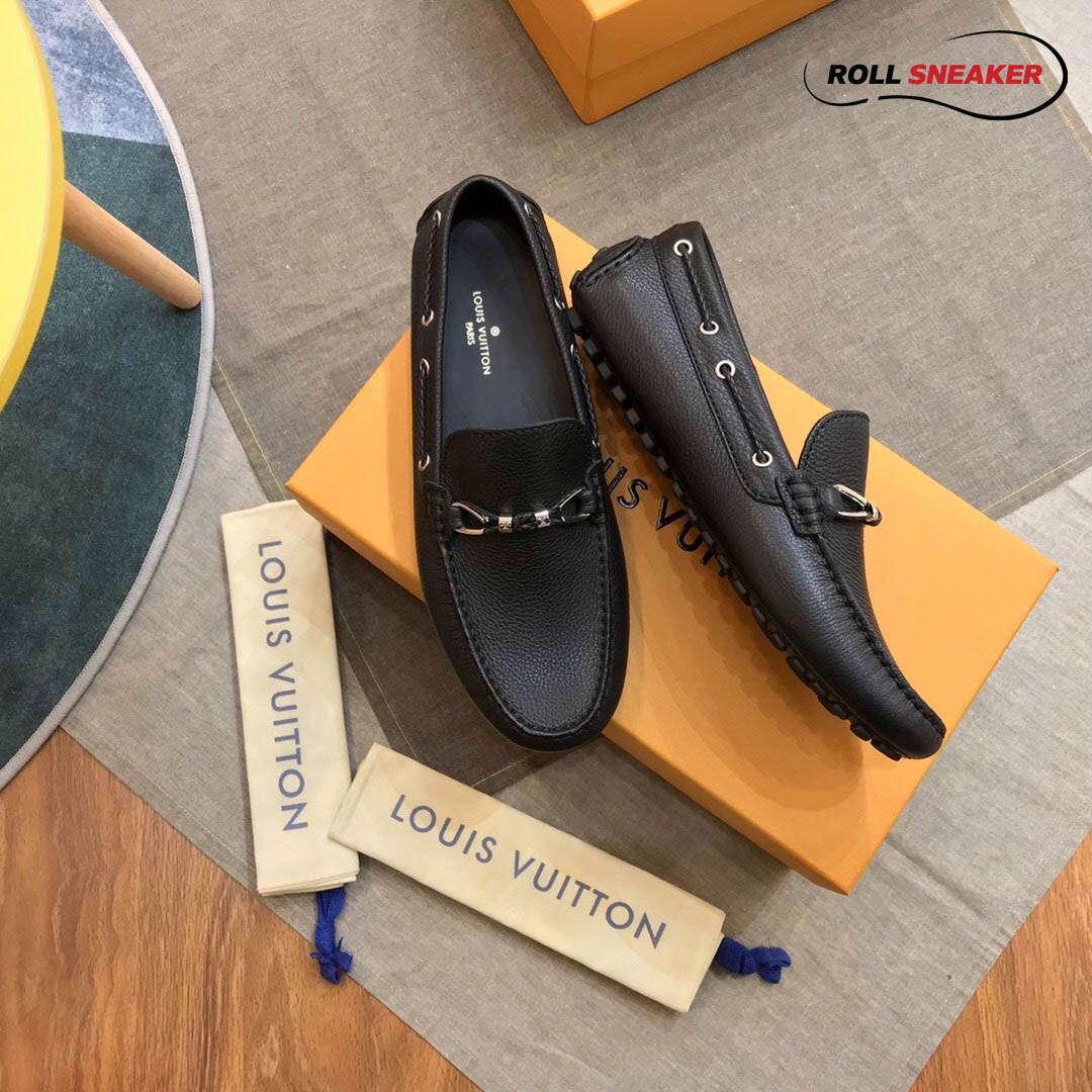 Giày lười Louis Vuitton Raspail Moccasin Black Da Bê Có Vân