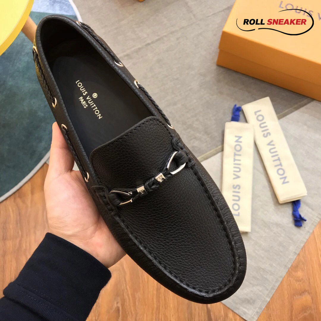 Giày lười Louis Vuitton Raspail Moccasin Black Da Bê Có Vân