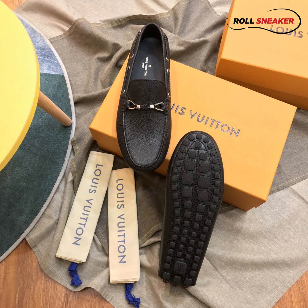 Giày lười Louis Vuitton Raspail Moccasin Black Da Bê Có Vân