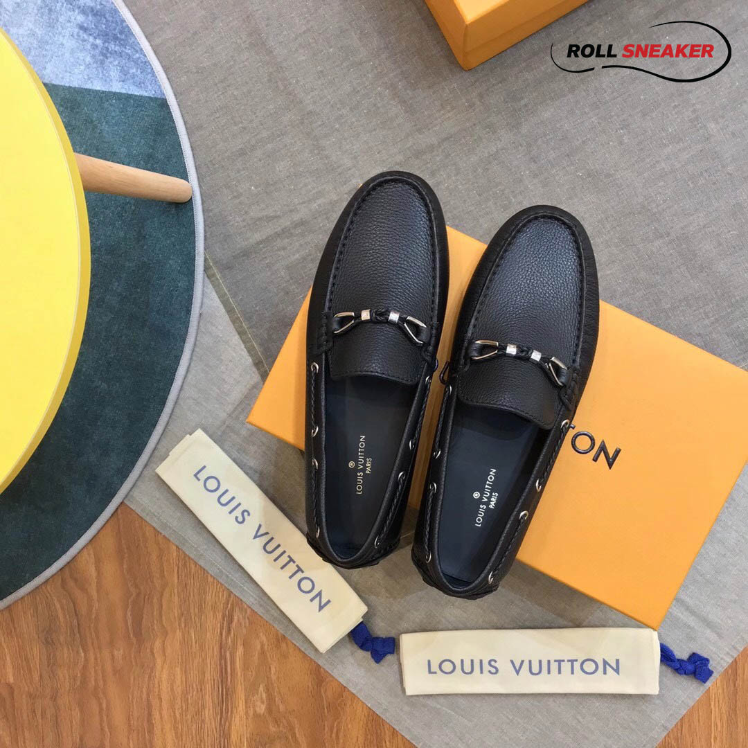 Giày lười Louis Vuitton Raspail Moccasin Black Da Bê Có Vân