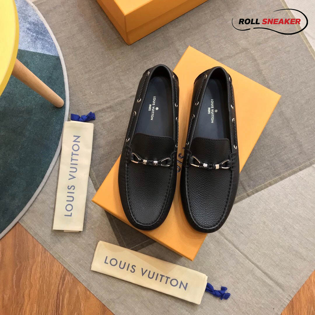 Giày lười Louis Vuitton Raspail Moccasin Black Da Bê Có Vân