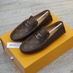 Giày lười LV Hockenheim Mocassin Brown Da Bê Họa Tiết Monogram Canvas Logo LV Bạc