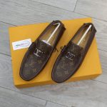 Giày lười LV Hockenheim Mocassin Brown Da Bê Họa Tiết Monogram Canvas Logo LV Bạc
