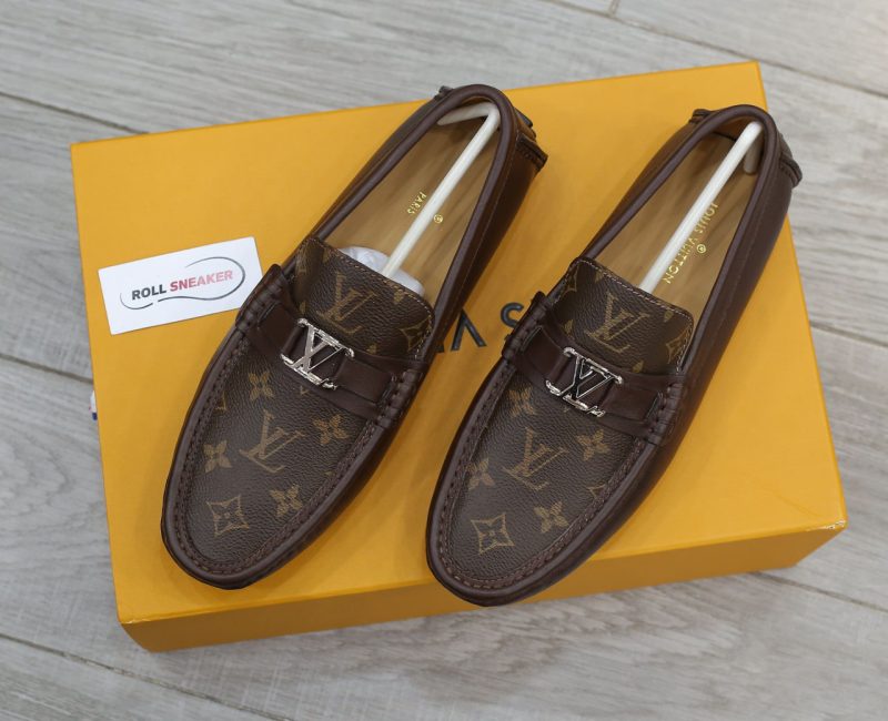 Giày lười LV Hockenheim Mocassin Brown Da Bê Họa Tiết Monogram Canvas Logo LV Bạc