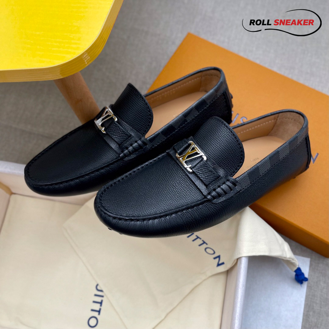 Giày lười LV Hockenheim Mocassin Da Bê Có Vân Họa Tiết Damier Logo LV Bạc