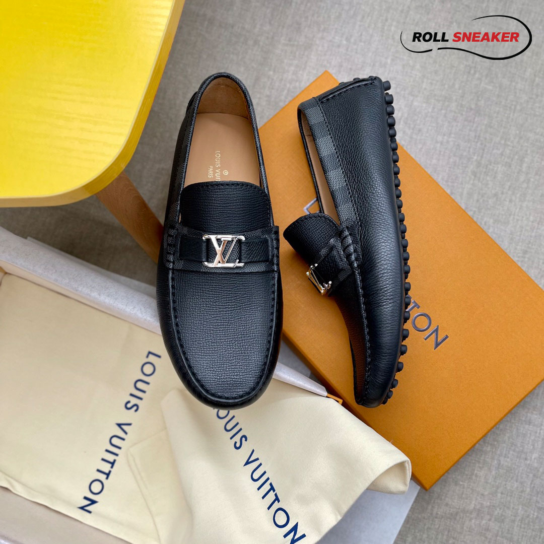 Giày lười LV Hockenheim Mocassin Da Bê Có Vân Họa Tiết Damier Logo LV Bạc