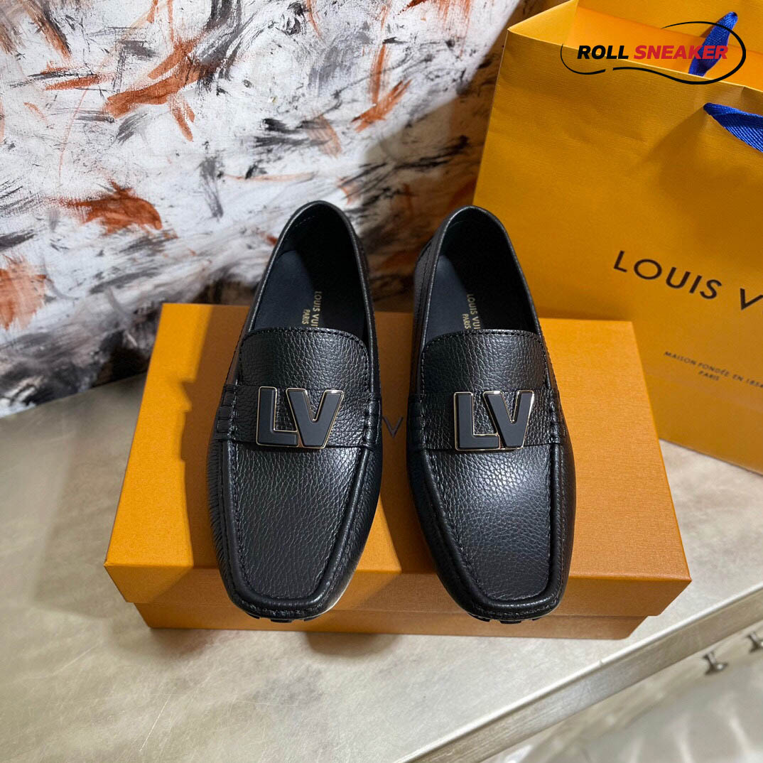 Giày Lười LV Monte Carlo Mocassin Black Da Bê Có Vân Khóa Logo LV Bản To