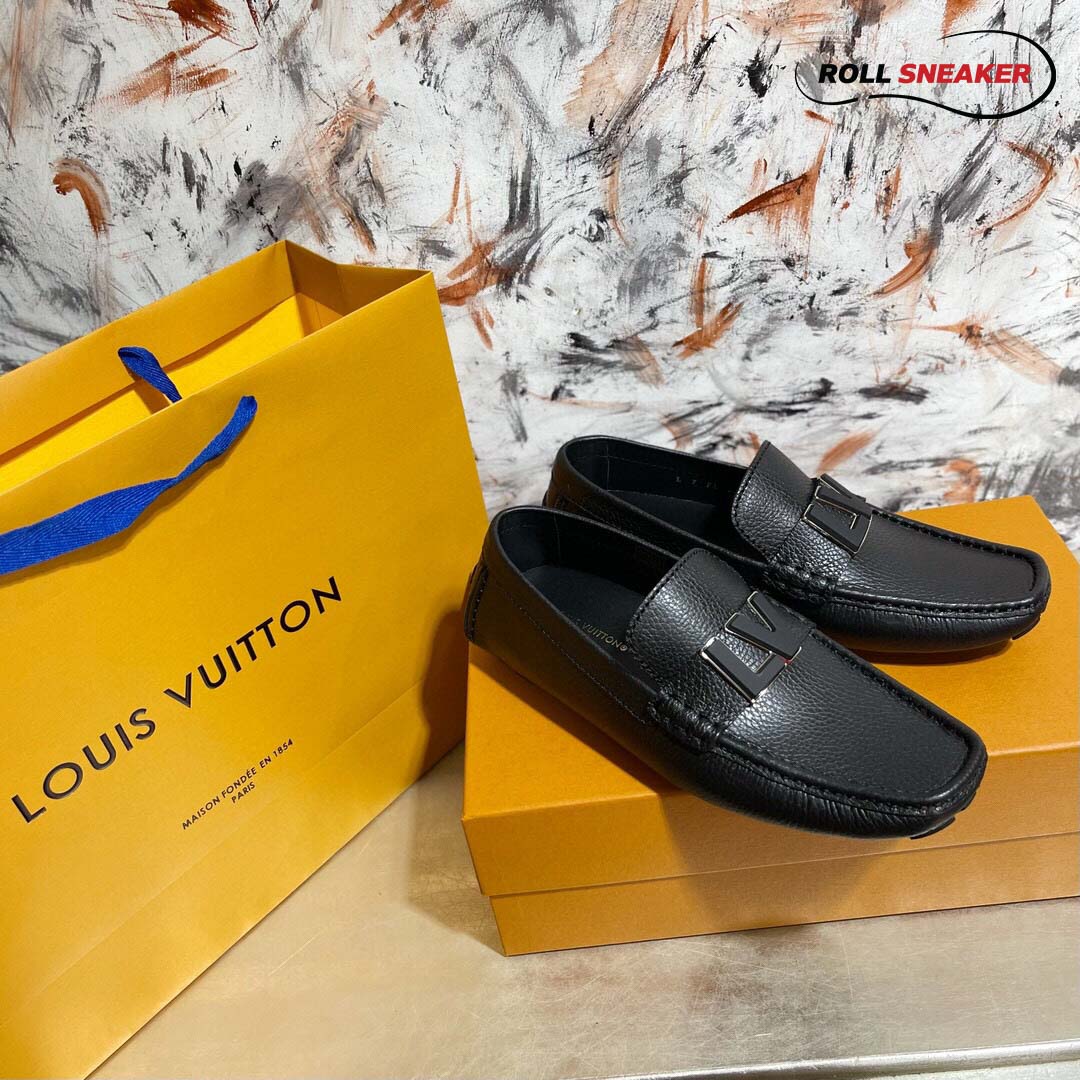 Giày Lười LV Monte Carlo Mocassin Black Da Bê Có Vân Khóa Logo LV Bản To