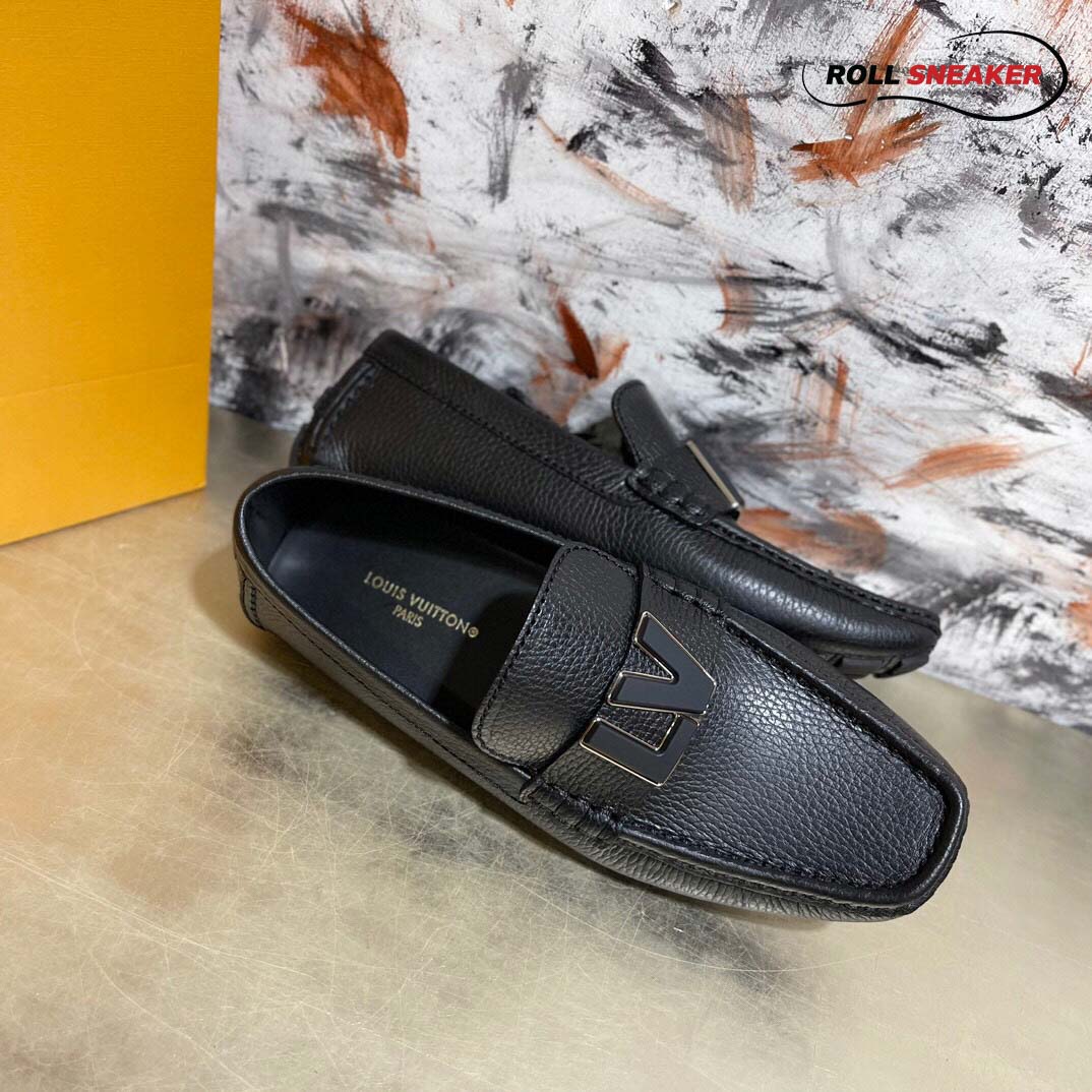 Giày Lười LV Monte Carlo Mocassin Black Da Bê Có Vân Khóa Logo LV Bản To