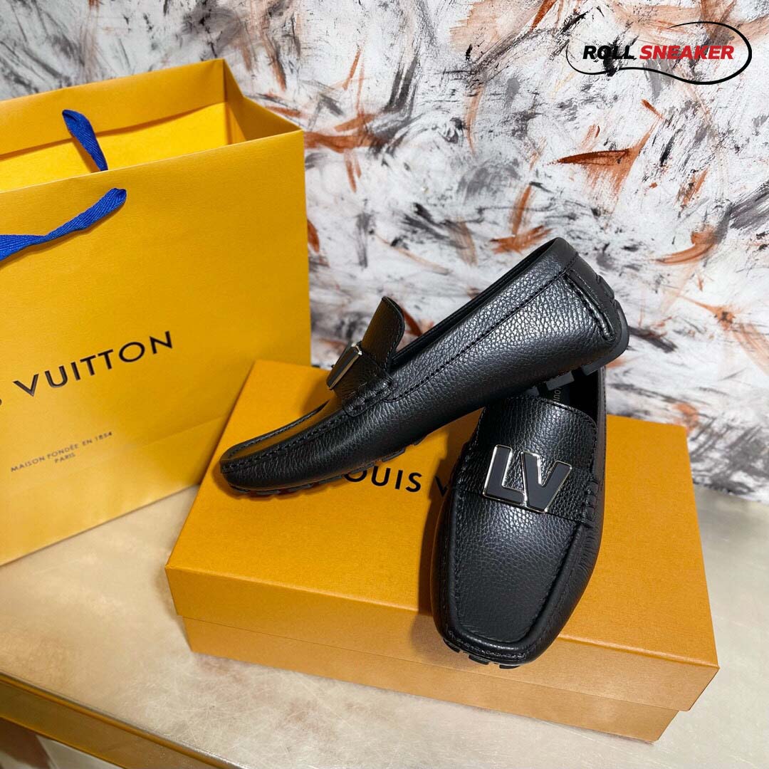 Giày Lười LV Monte Carlo Mocassin Black Da Bê Có Vân Khóa Logo LV Bản To
