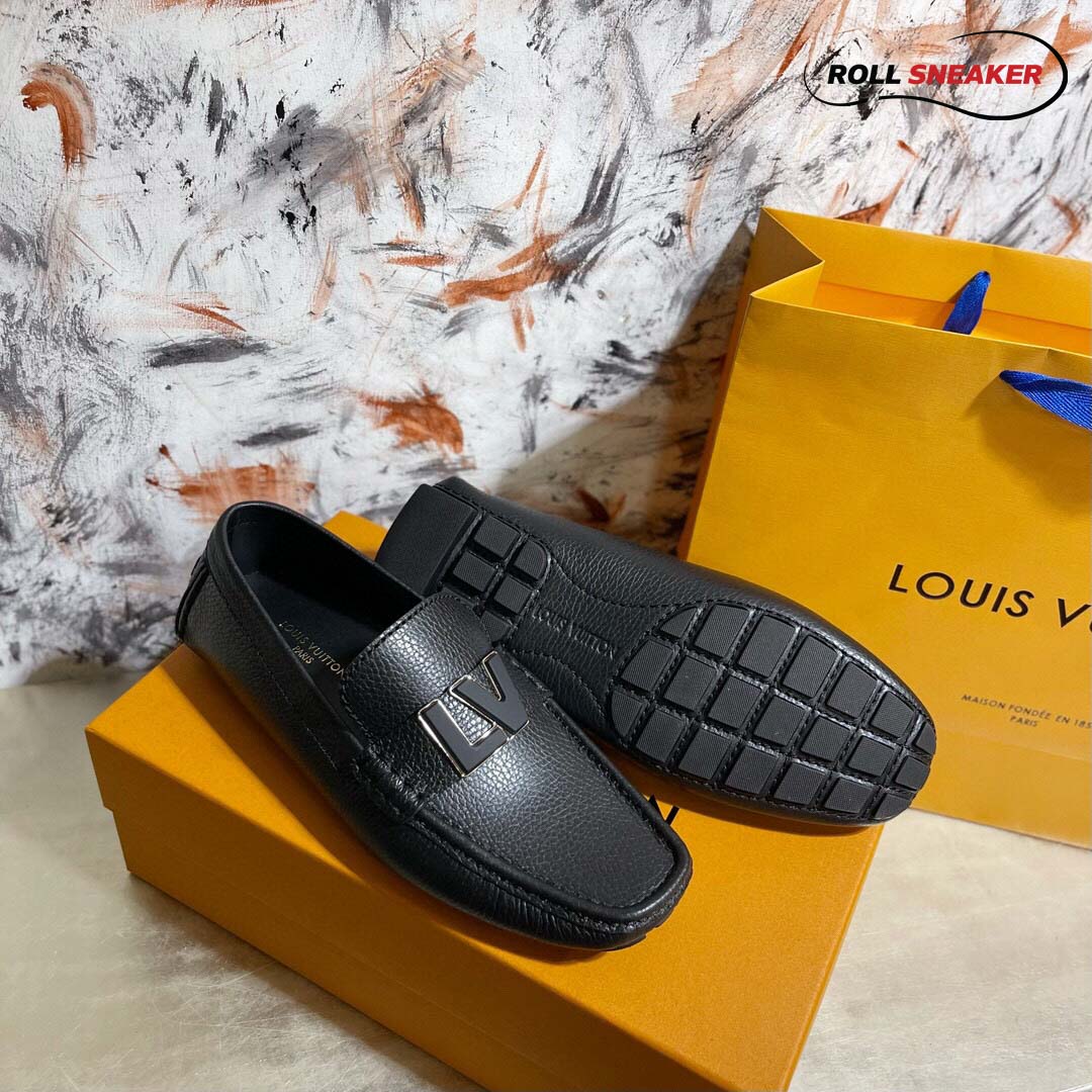 Giày Lười LV Monte Carlo Mocassin Black Da Bê Có Vân Khóa Logo LV Bản To