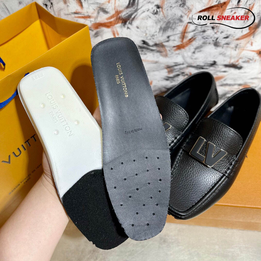 Giày Lười LV Monte Carlo Mocassin Black Da Bê Có Vân Khóa Logo LV Bản To