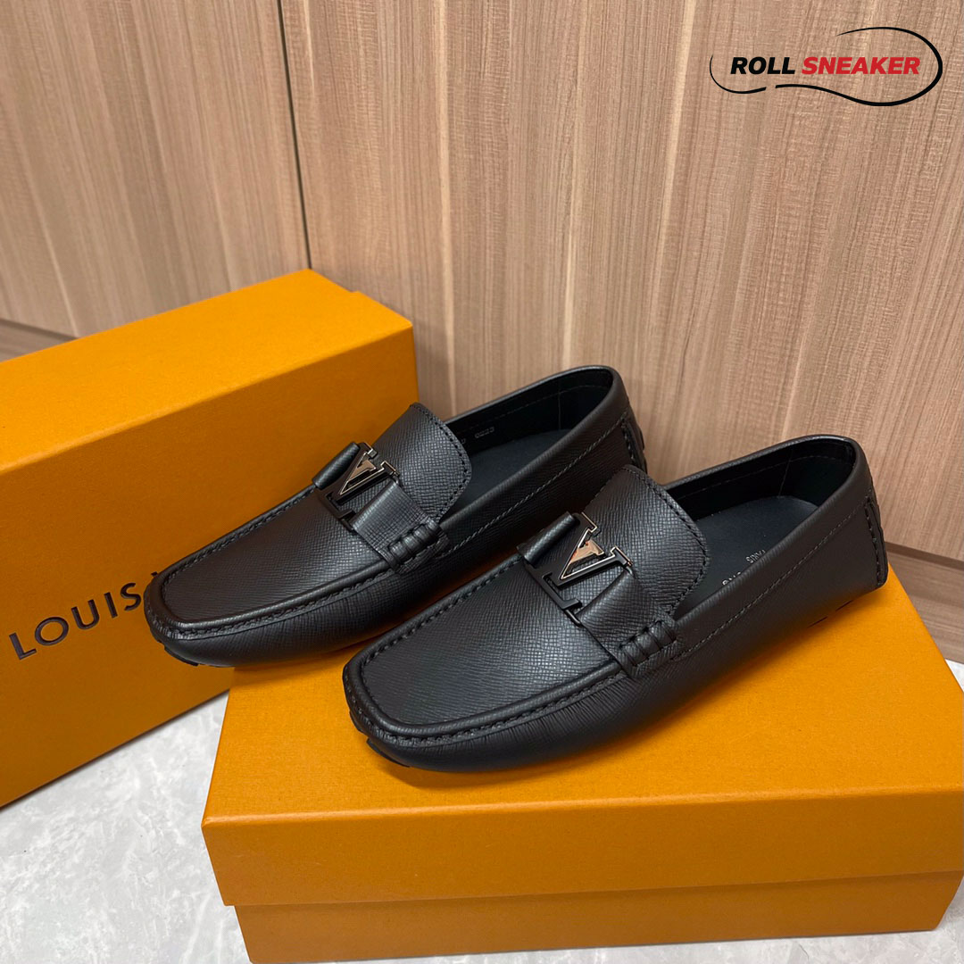 Giày Lười LV Monte Carlo Mocassin Black Da Taiga Khóa Logo Đen
