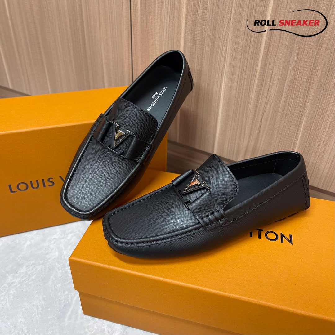 Giày Lười LV Monte Carlo Mocassin Black Da Taiga Khóa Logo Đen
