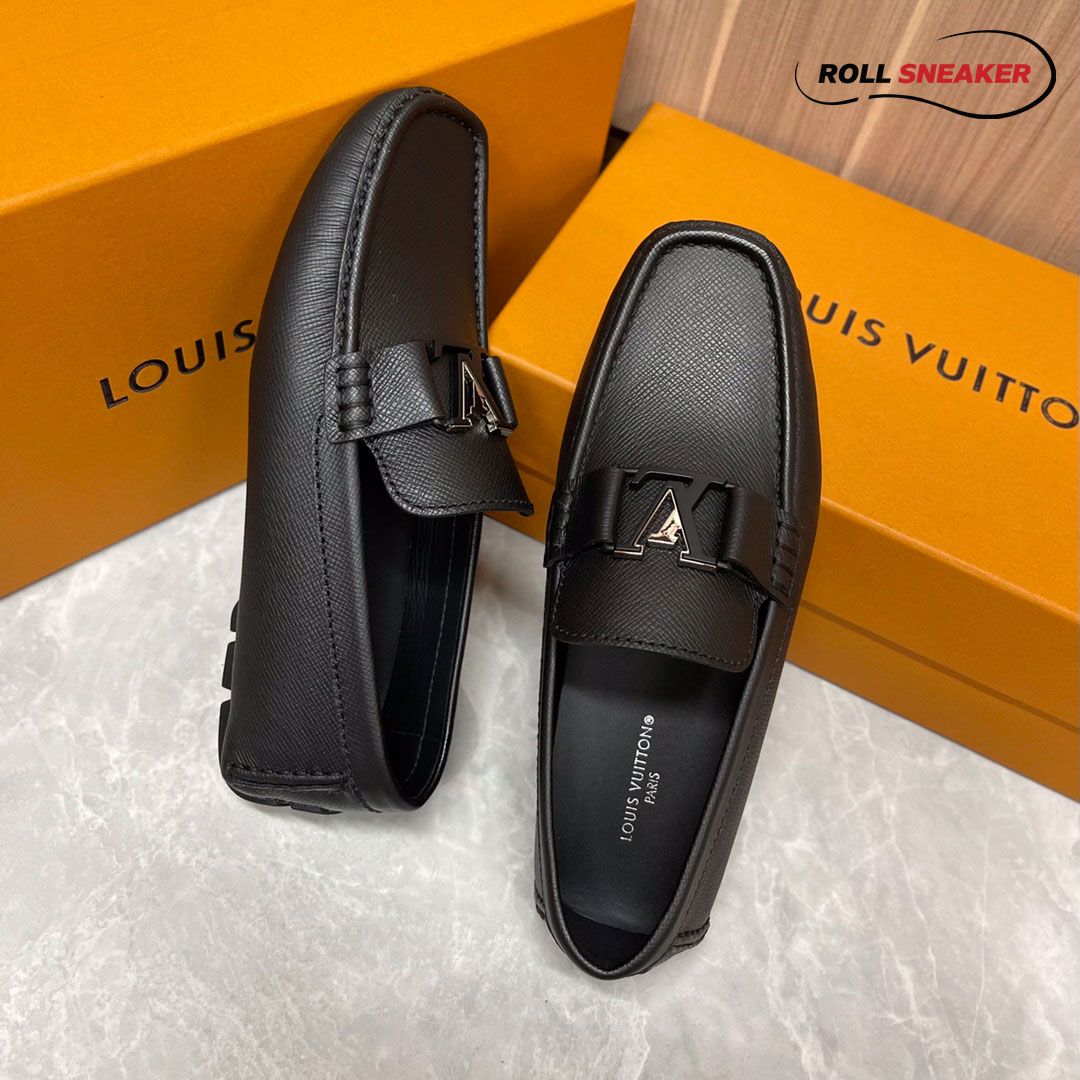 Giày Lười LV Monte Carlo Mocassin Black Da Taiga Khóa Logo Đen