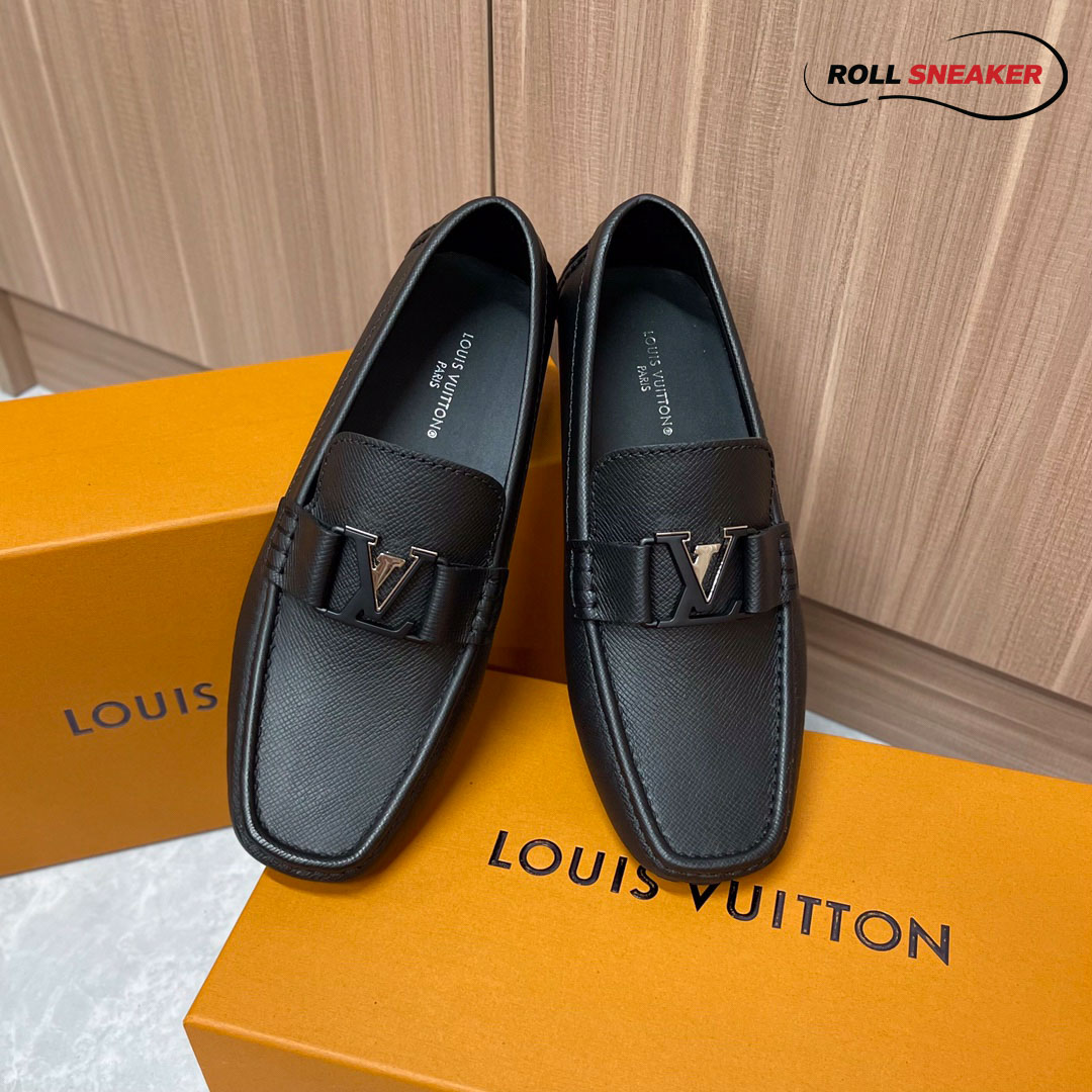 Giày Lười LV Monte Carlo Mocassin Black Da Taiga Khóa Logo Đen