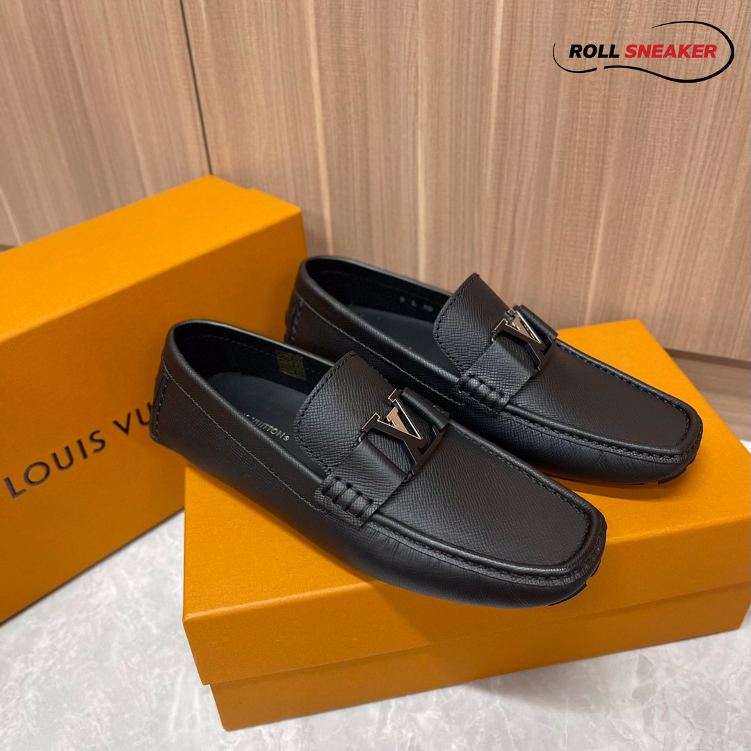 Giày Lười LV Monte Carlo Mocassin Black Da Taiga Khóa Logo Đen