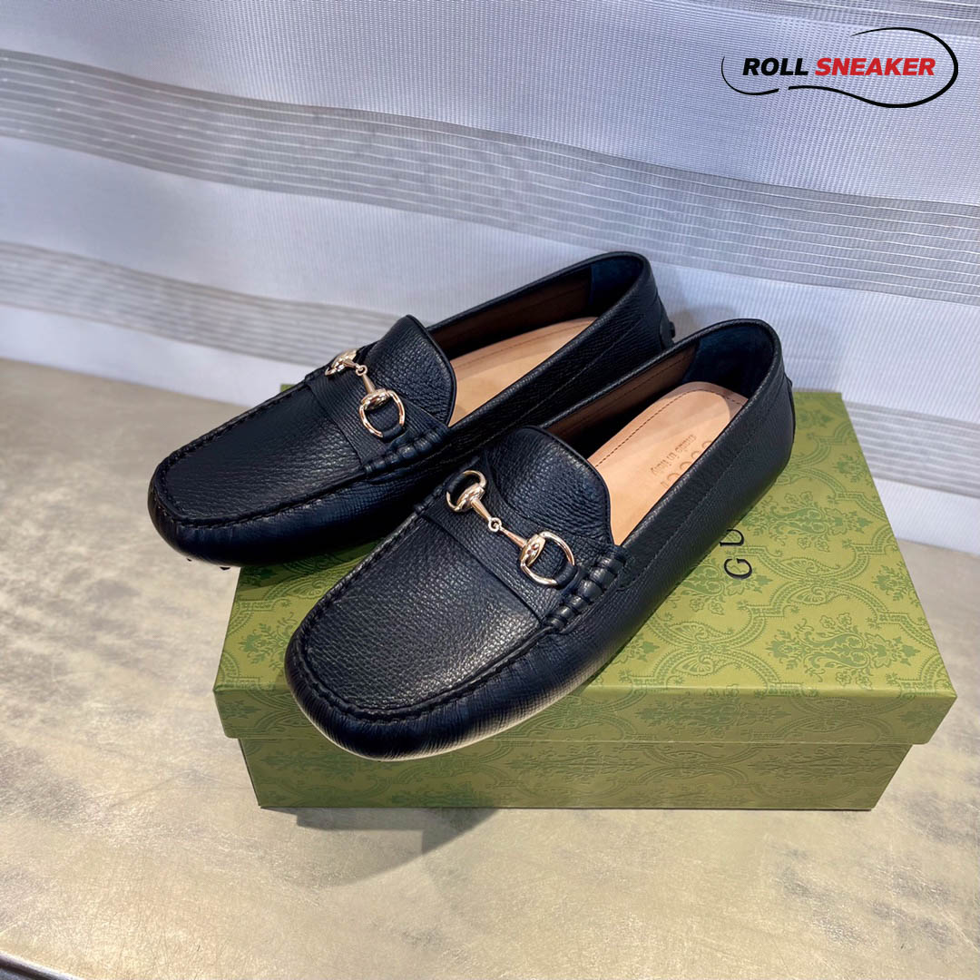 Giày Lười Nam Gucci Men's Driver With Horsebit Loafers  Ðen Da Bê Có Vân
