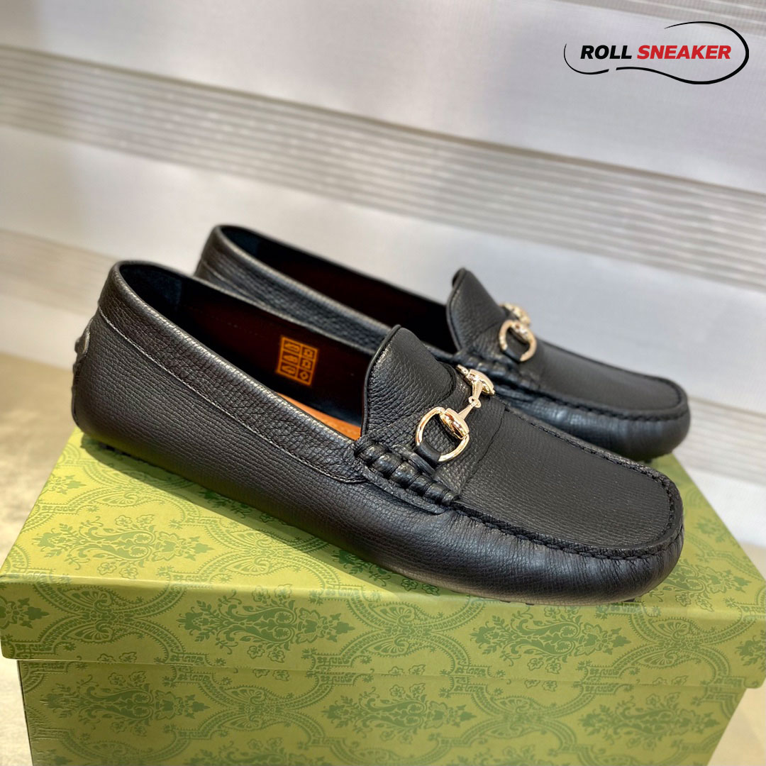 Giày Lười Nam Gucci Men's Driver With Horsebit Loafers  Ðen Da Bê Có Vân
