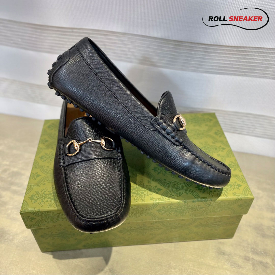 Giày Lười Nam Gucci Men's Driver With Horsebit Loafers  Ðen Da Bê Có Vân