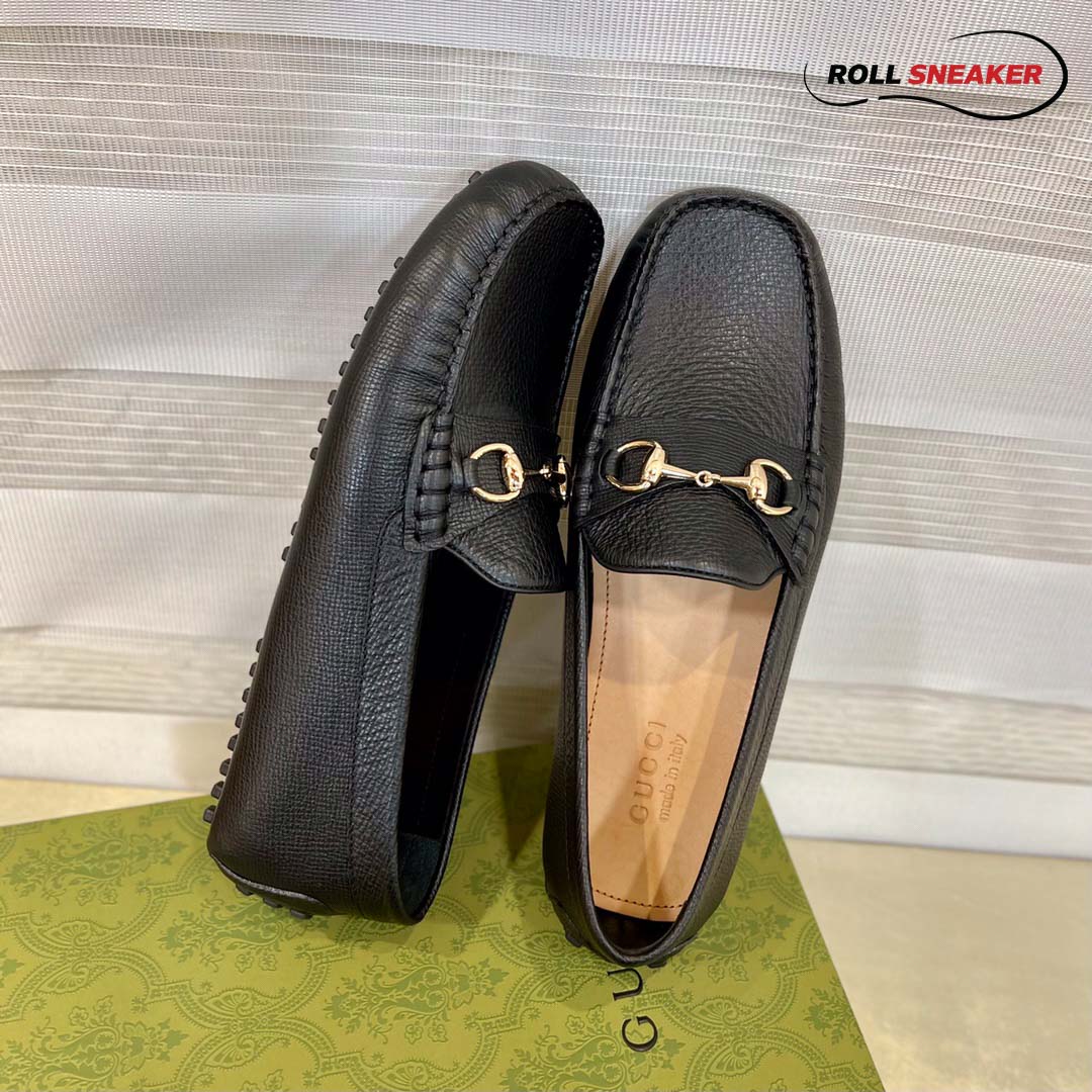 Giày Lười Nam Gucci Men's Driver With Horsebit Loafers  Ðen Da Bê Có Vân