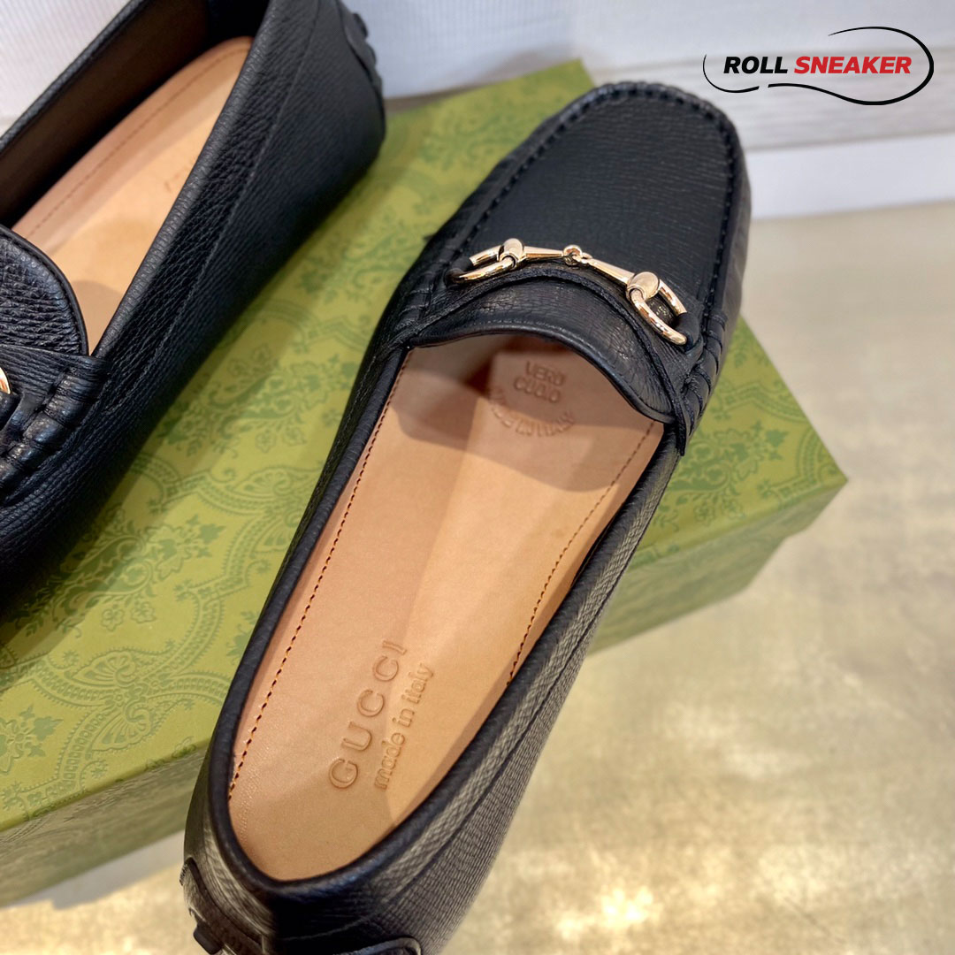 Giày Lười Nam Gucci Men's Driver With Horsebit Loafers  Ðen Da Bê Có Vân