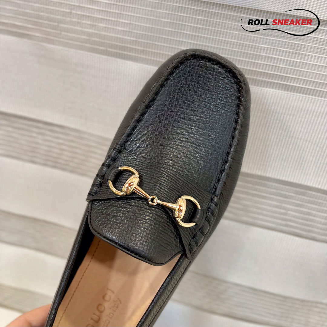 Giày Lười Nam Gucci Men's Driver With Horsebit Loafers  Ðen Da Bê Có Vân