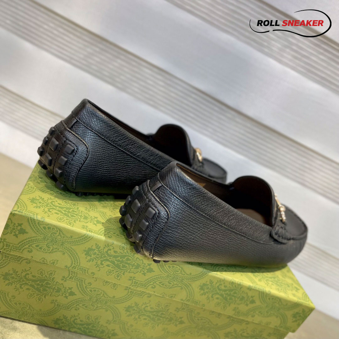Giày Lười Nam Gucci Men's Driver With Horsebit Loafers  Ðen Da Bê Có Vân