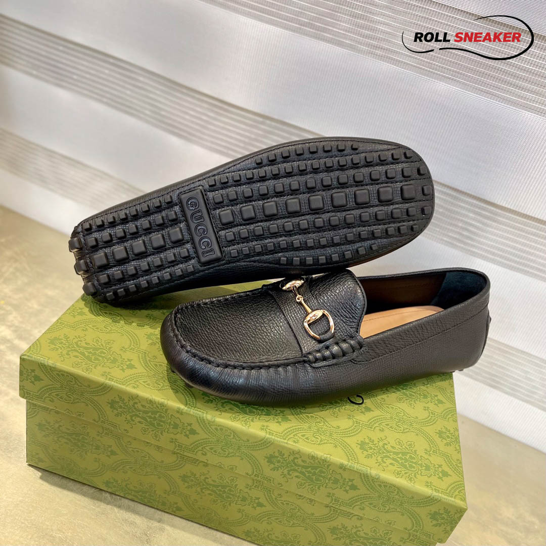 Giày Lười Nam Gucci Men's Driver With Horsebit Loafers  Ðen Da Bê Có Vân