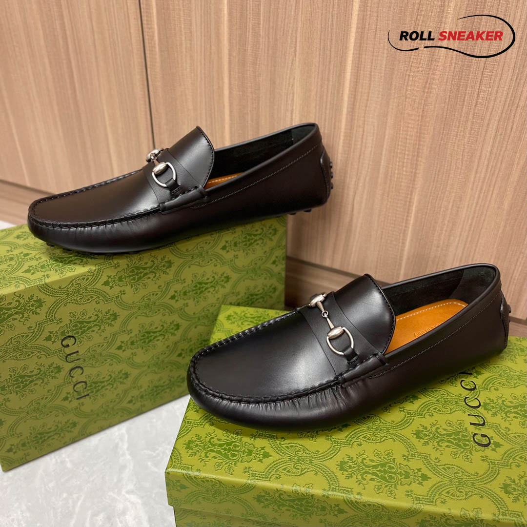 Giày Lười Nam Gucci Men's Driver With Horsebit Loafers  Đen Da Trơn
