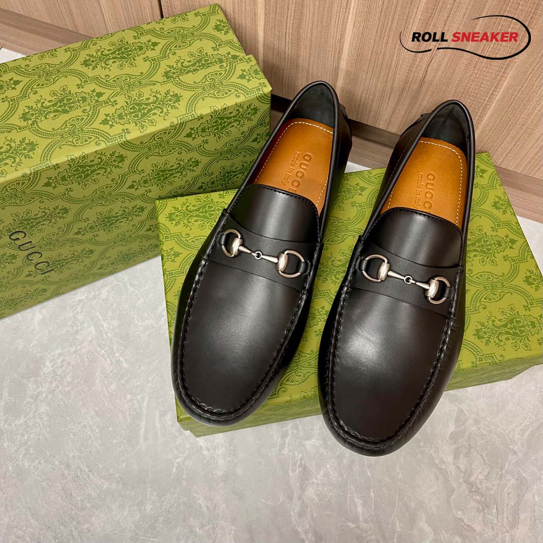Giày Lười Nam Gucci Men's Driver With Horsebit Loafers  Đen Da Trơn