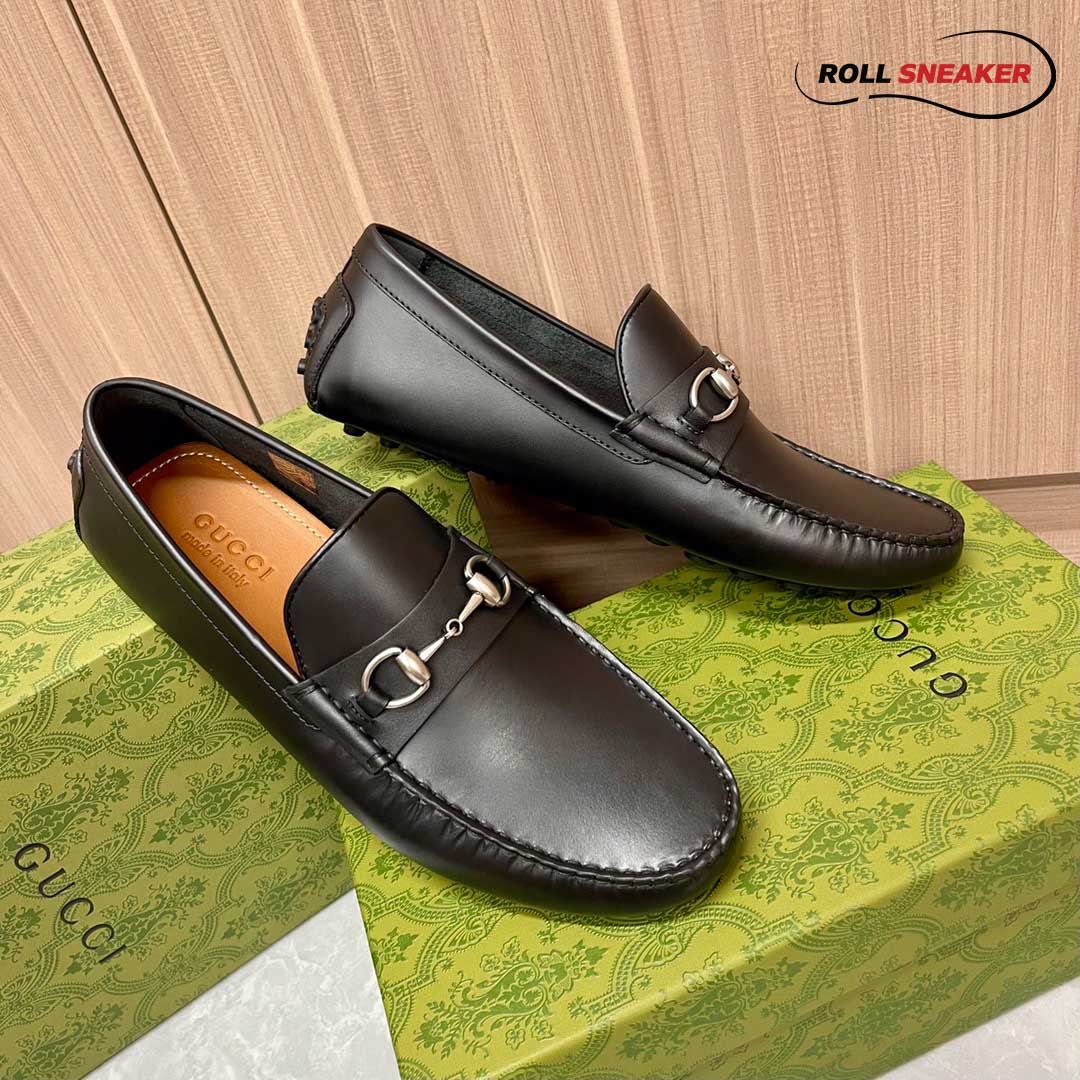 Giày Lười Nam Gucci Men's Driver With Horsebit Loafers  Đen Da Trơn