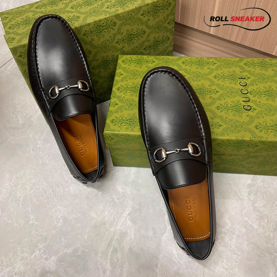 Giày Lười Nam Gucci Men's Driver With Horsebit Loafers  Đen Da Trơn