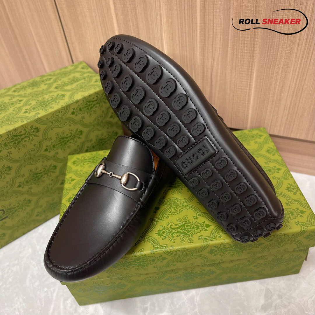 Giày Lười Nam Gucci Men's Driver With Horsebit Loafers  Đen Da Trơn