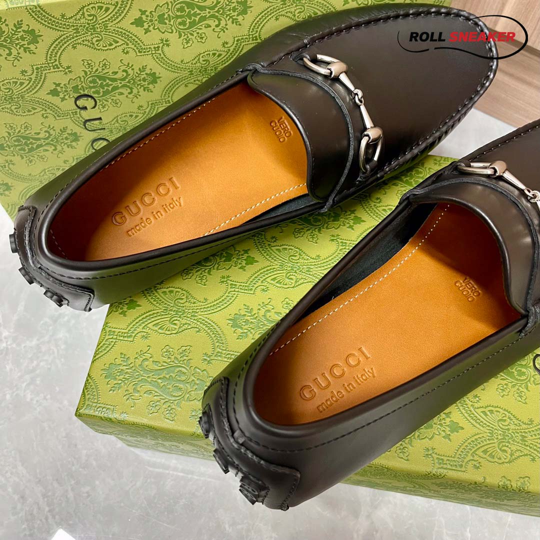 Giày Lười Nam Gucci Men's Driver With Horsebit Loafers  Đen Da Trơn