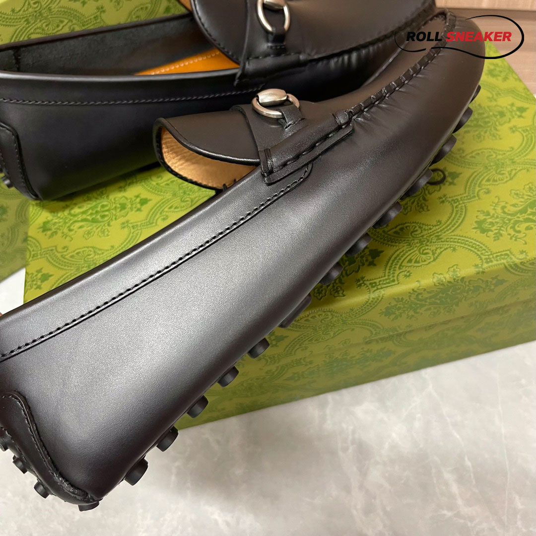 Giày Lười Nam Gucci Men's Driver With Horsebit Loafers  Đen Da Trơn