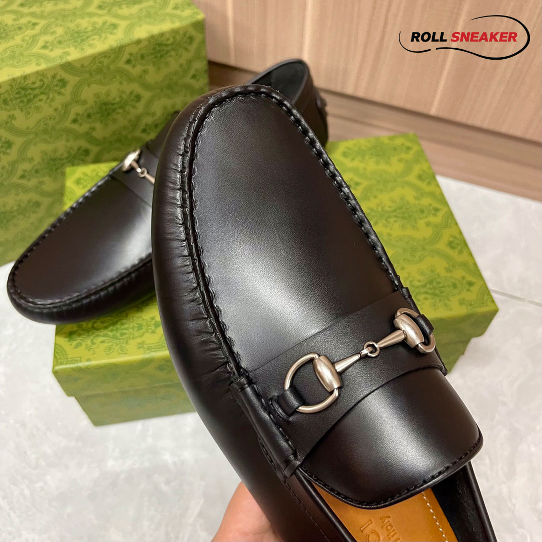 Giày Lười Nam Gucci Men's Driver With Horsebit Loafers  Đen Da Trơn