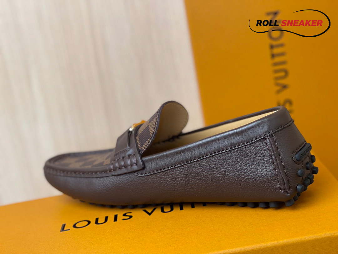 Giày Moca Louis Vuitton Hockenheim Brown Da Bê Sần Damier Ebene Logo LV Vàng