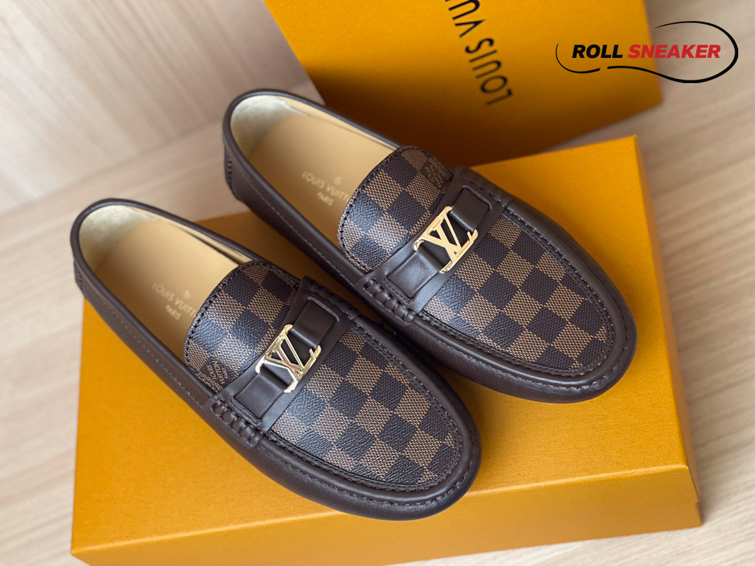 Giày Moca Louis Vuitton Hockenheim Brown Da Bê Sần Damier Ebene Logo LV Vàng